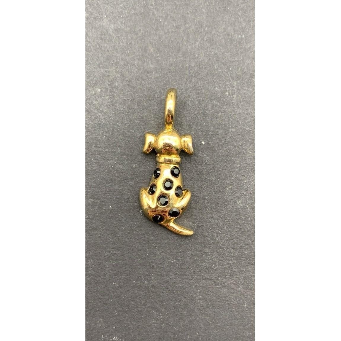 Vintage Kis Gold Tone Black Crystal Spotted Dog Pendant Charm